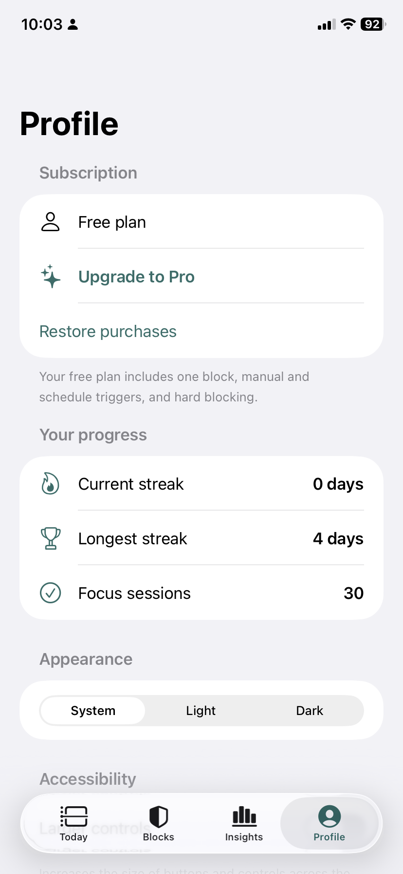 The Profile screen showing your plan, current and longest streaks, focus-session count, and appearance settings.
